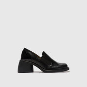 Black leather shoe on a light gray background