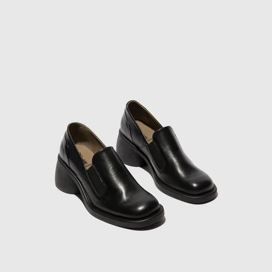 Pair of black leather shoes on a light gray background