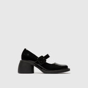Black leather mary jane shoe on a white background