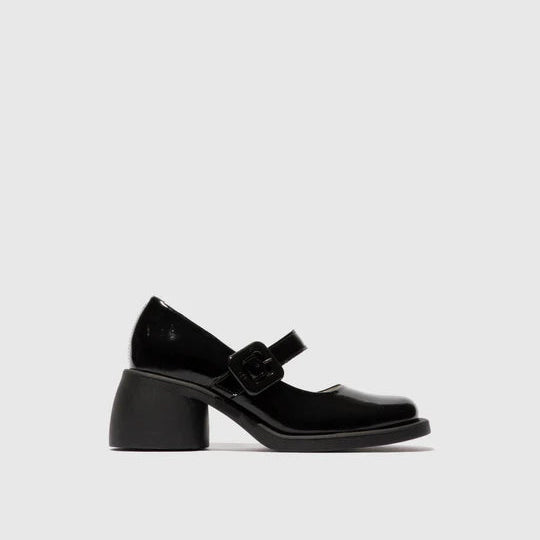 Black leather mary jane shoe on a white background