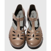 Pair of taupe sandals with cut-out design on a white background