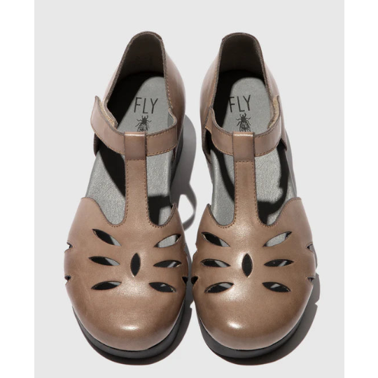 Pair of taupe sandals with cut-out design on a white background