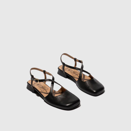 Pair of black slingback on a light gray background