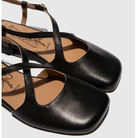 Pair of black leather slingback with thin straps on a light gray background
