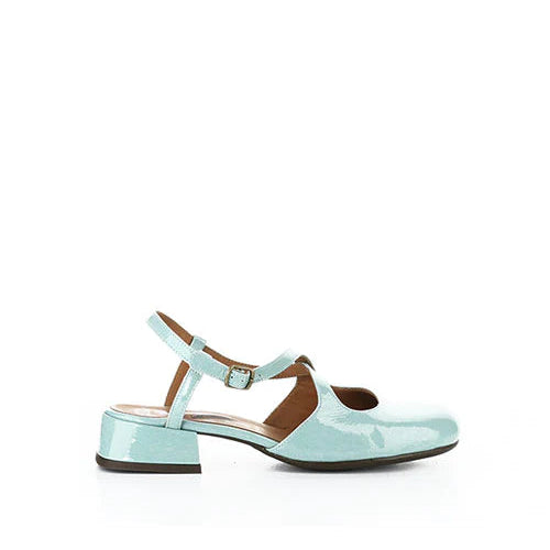 Mint green sandal with a strap on a white background