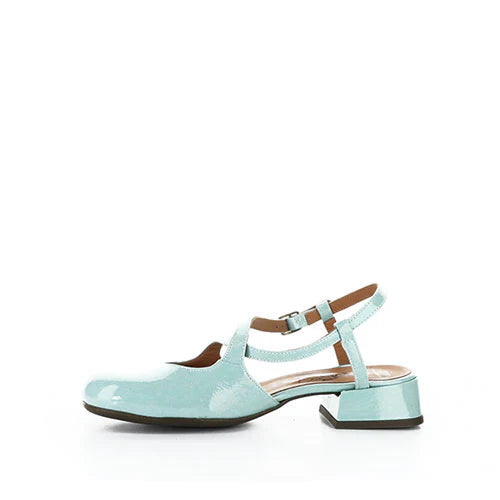 Light blue shoe with a strap on a white background