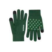 Pair of green gloves with black tips and textured palm on a white background