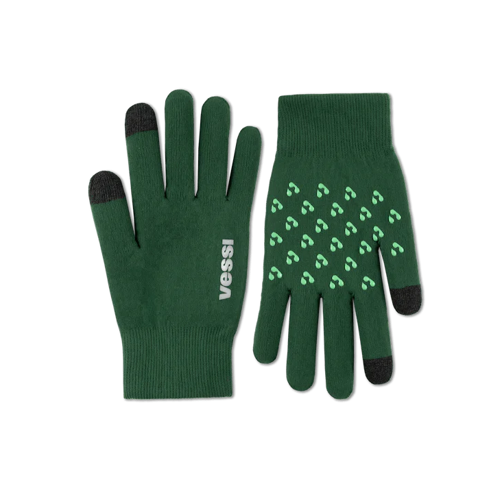 Pair of green gloves with black tips and textured palm on a white background