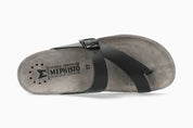 Black sandal with black strap on a white background, featuring Mephisto branding.