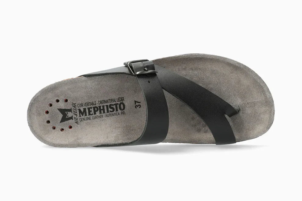 Black sandal with black strap on a white background, featuring Mephisto branding.