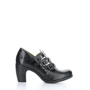 Black leather shoe with buckles on a white background