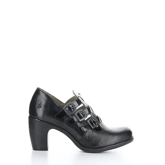 Black leather shoe with buckles on a white background