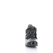 Black leather boot with buckles on a white background
