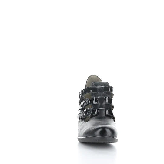 Black leather boot with buckles on a white background