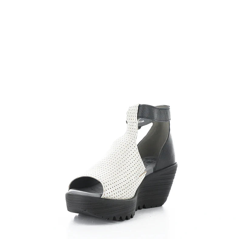 Black and white wedge sandal on a white background