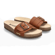 Pair of brown sandals with a visible brand logo on a white background