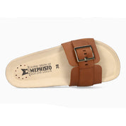 Mephisto sandal with brown strap and buckle on a white background