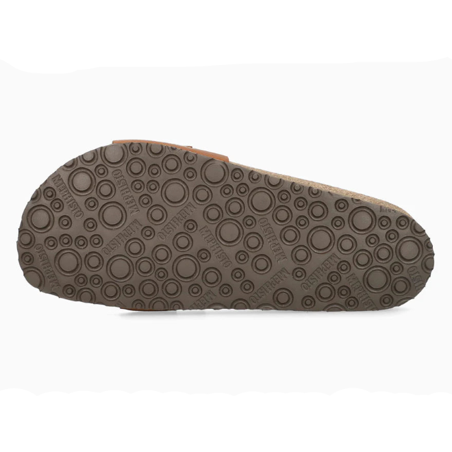 Close-up of a brown sandal sole with circular pattern on a white background