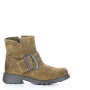Brown suede boot with a buckle on a white background