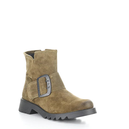 Brown suede boot with a buckle on a white background