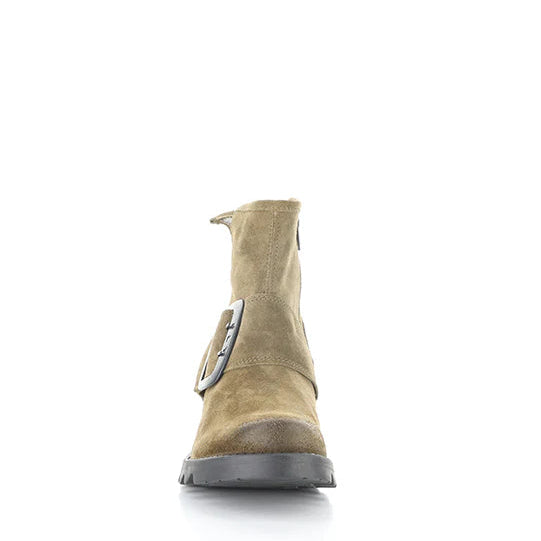 Brown ankle boot with a buckle on a white background