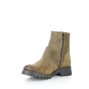 Brown suede ankle boot with a black sole on a white background