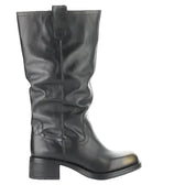 Black leather boot on a white background