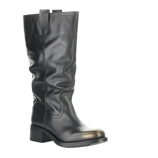 Black leather boot on a white background