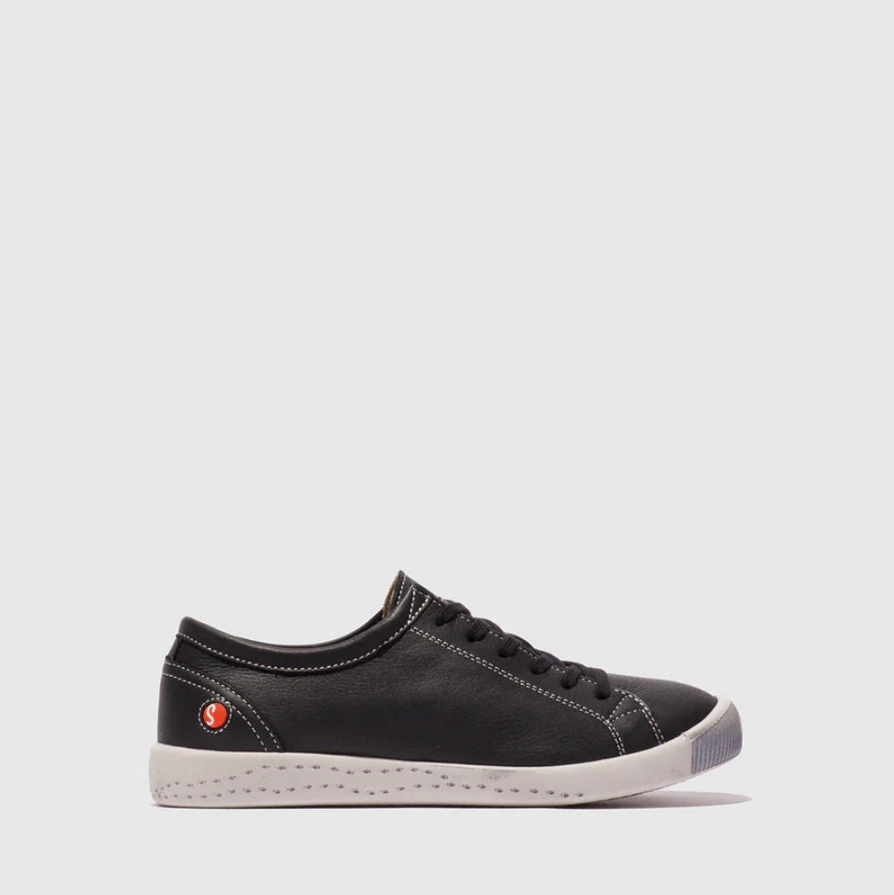 Black sneaker with a red logo on a light gray background