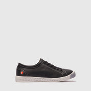 Black sneaker with a red logo on a light gray background