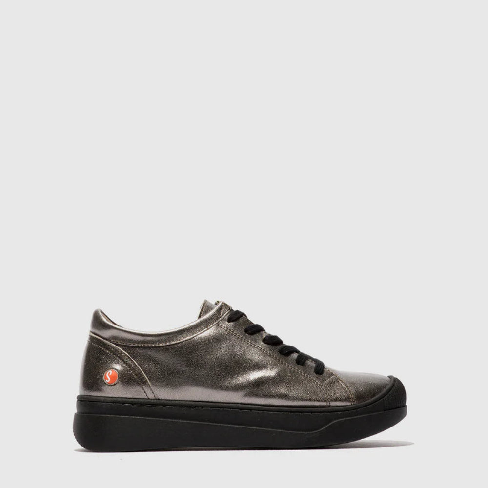 Black leather sneaker on a light gray background