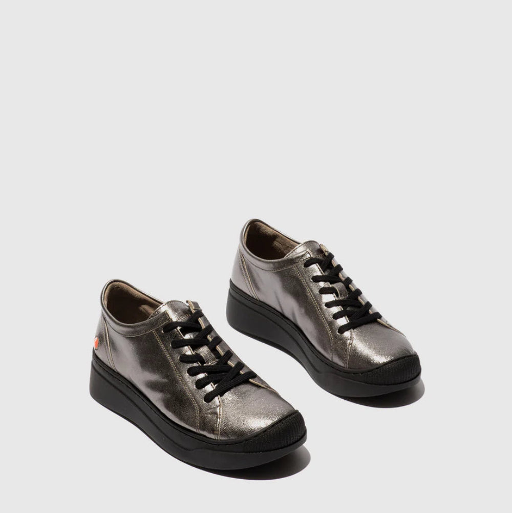 Pair of metallic silver high-top sneakers on a light gray background