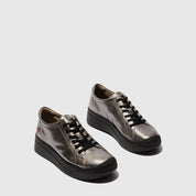 Pair of metallic silver high-top sneakers on a light gray background