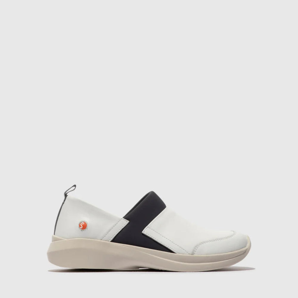 White slip-on shoe with blue accent on a white background