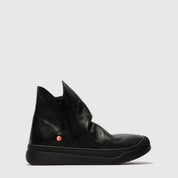 Black leather boot with a black sole on a white background