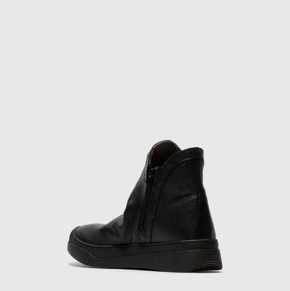 Pair of black ankle leather boots on a white background