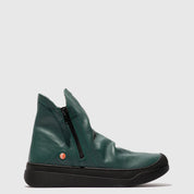 Green leather boot with a zipper on a light gray background