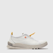 White sneaker with yellow accents on a light gray background