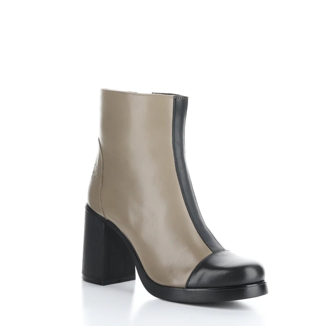 Taupe ankle boot with black block heel on a white background
