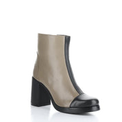 Taupe ankle boot with black block heel on a white background