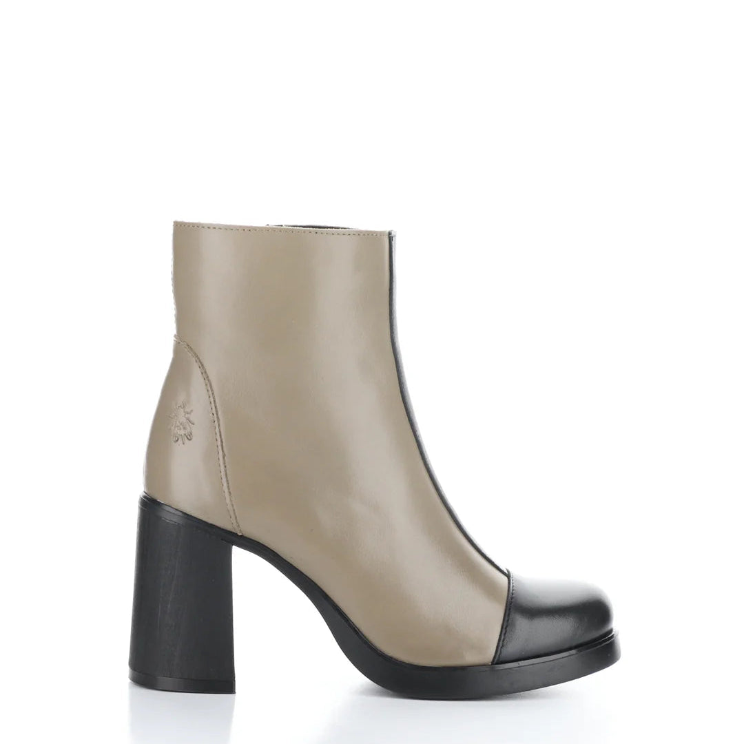 Taupe ankle boot with black block heel on a white background