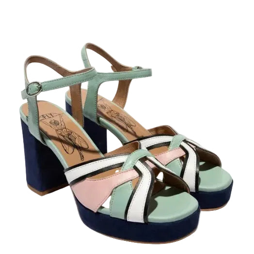 A pair of women's platform block-heel sandals with a color-blocked design in mint green, navy blue, white, and light pink, shown on a light gray background.