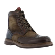 Brown leather boot with black accents on a white background