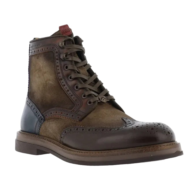 Brown leather boot with black accents on a white background