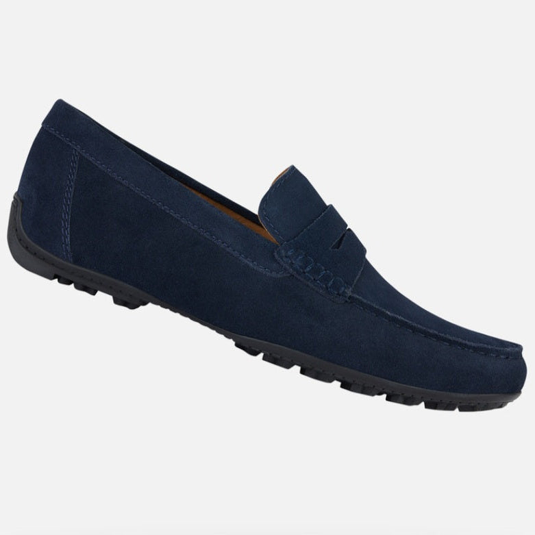 Navy blue loafer shoe on a white background