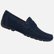 Navy blue loafer shoe on a white background