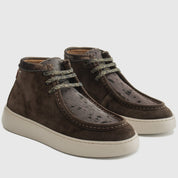A pair of dark brown suede ankle boots with textured ostrich leather panels on the toe and sides, featuring glittery metallic laces, set against a light gray background.