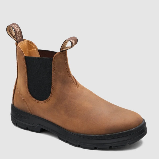 A single brown leather Chelsea boot with a black elastic side panel and a black rubber sole, shown from a three-quarters angle on a light gray background.
