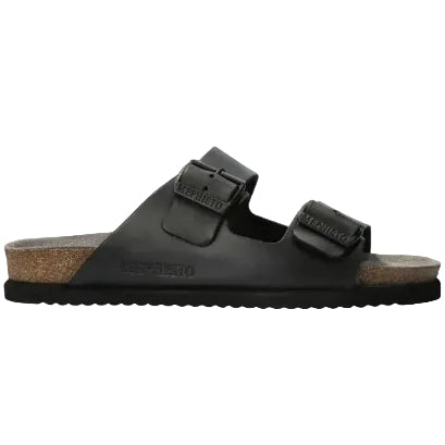 Black sandal with Mephisto branding on a white background