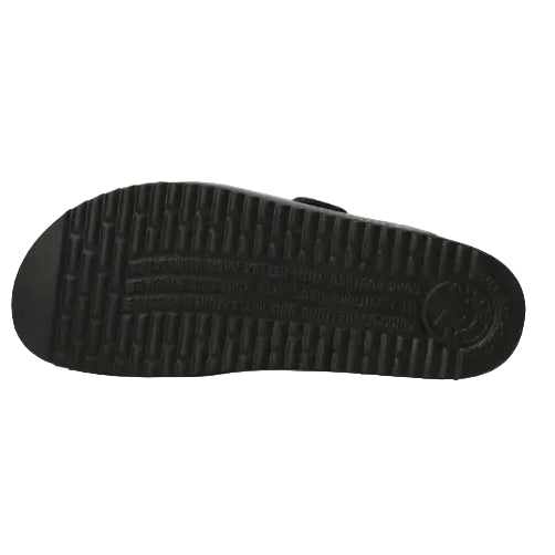 Black sandal sole with tread pattern on a white background